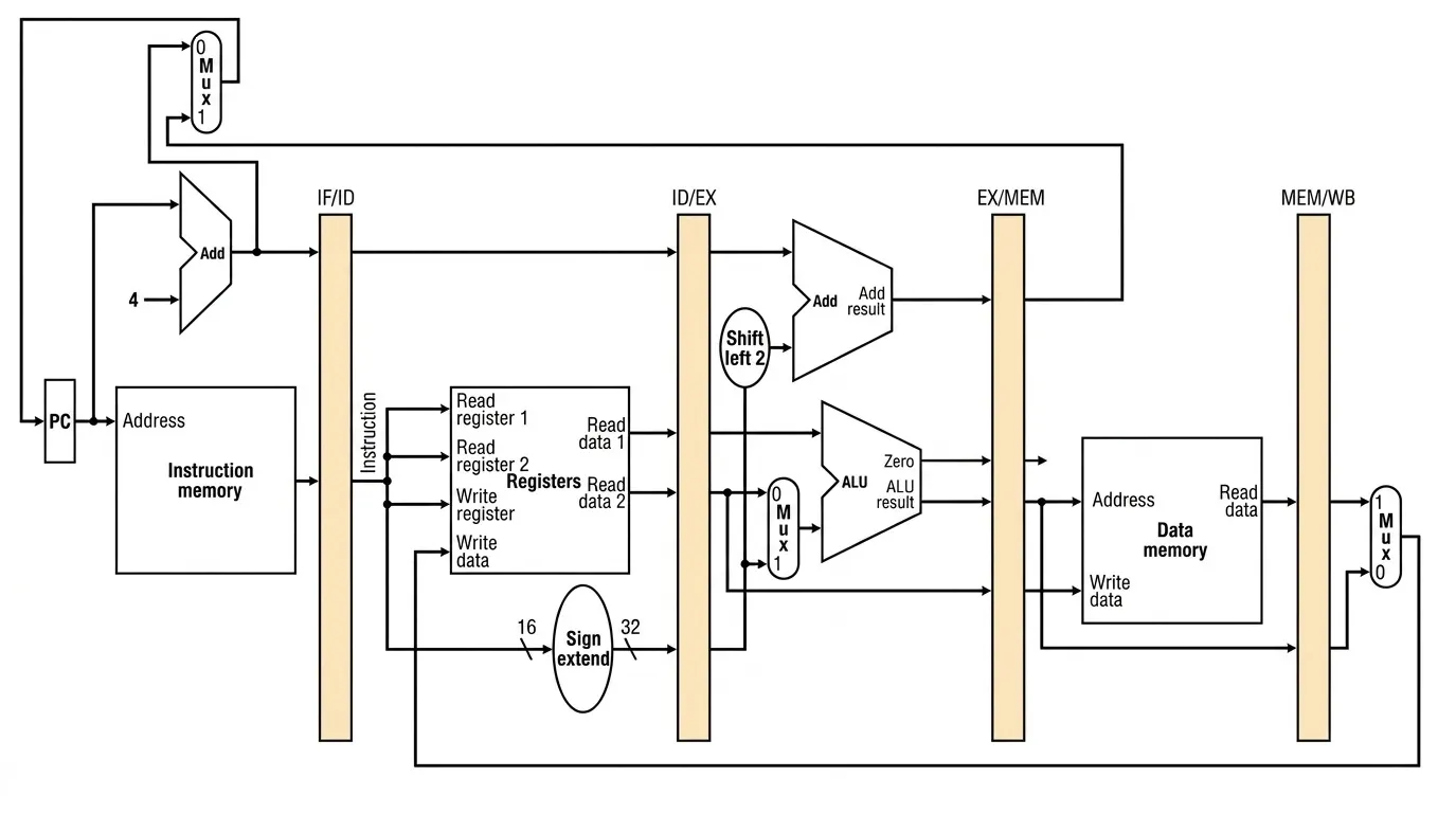 Pipelined datapath showing IF/ID, ID/EX, EX/MEM, and MEM/WB inter-stage registers