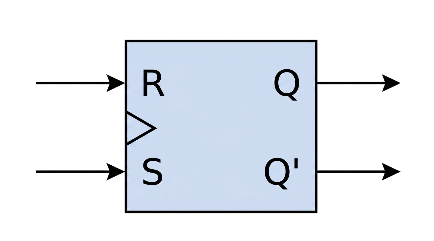 RS latch schematic symbol: box with inputs R (top) and S (bottom) on the left, outputs Q and Q' on the right